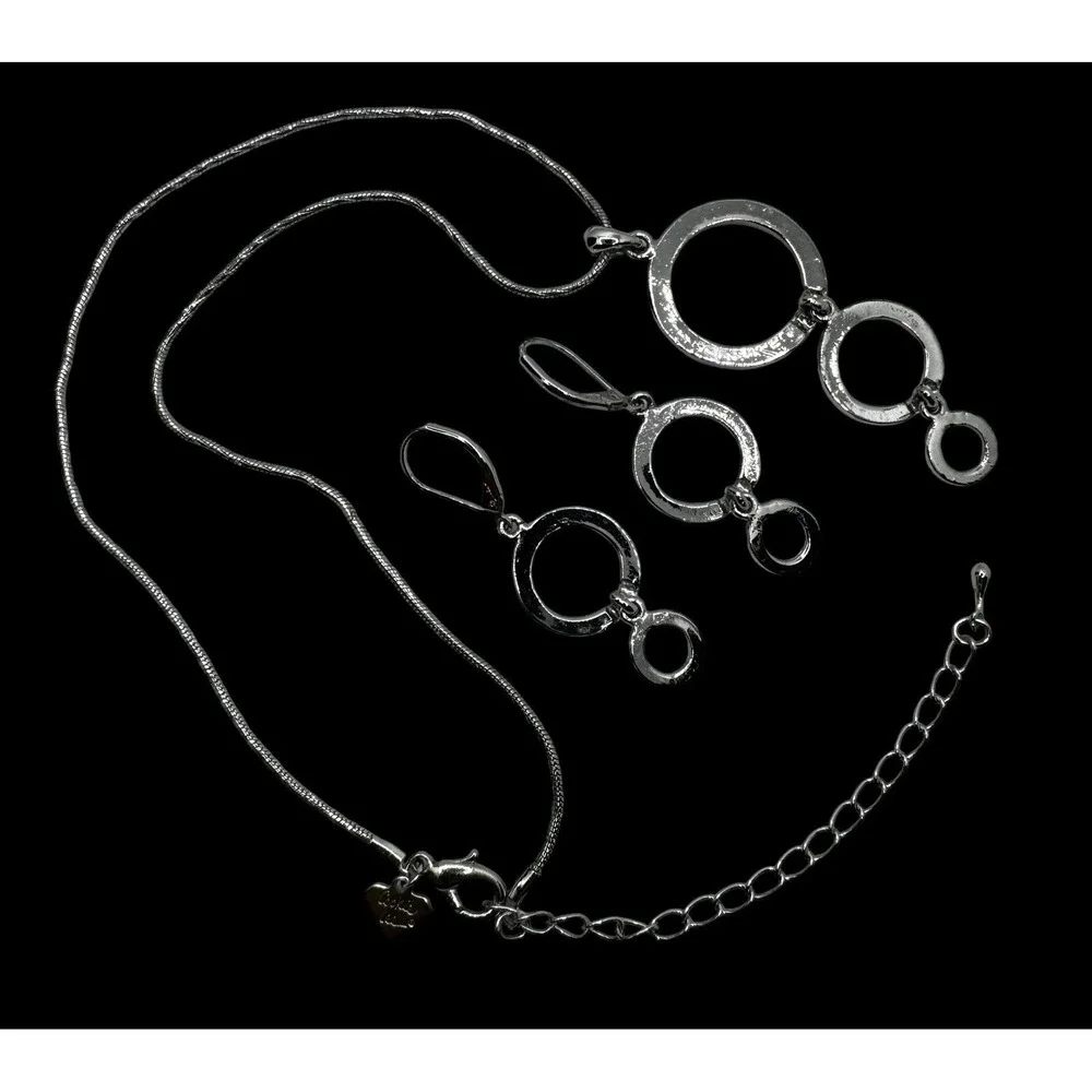 Cookie Lee Jewelry Set Silver Tone Faux Onyx CZ Pendant Necklace Earrings 90s